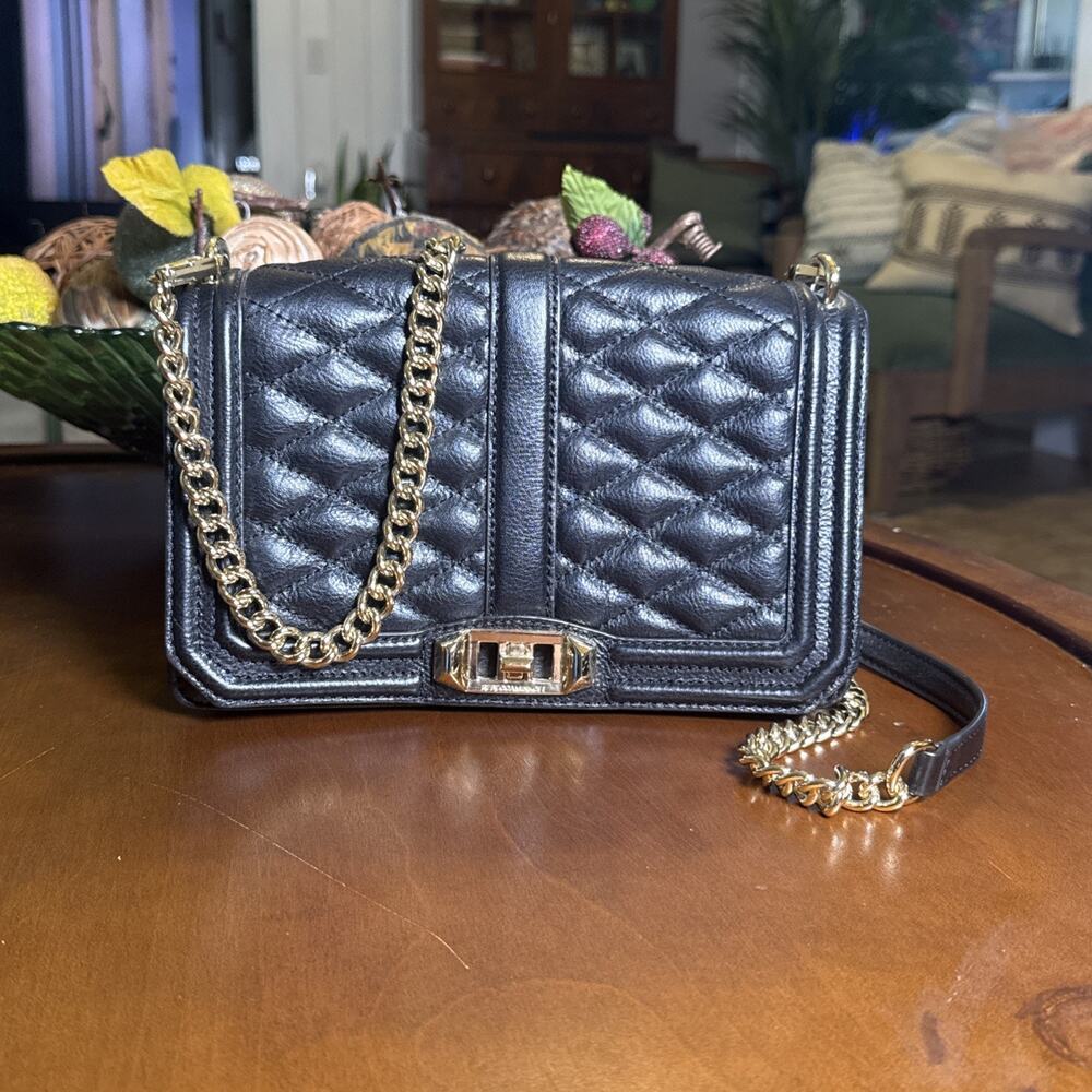 Rebecca Minkoff Black Leather Quilted Turnlock Chain Strap Crossbody Bag